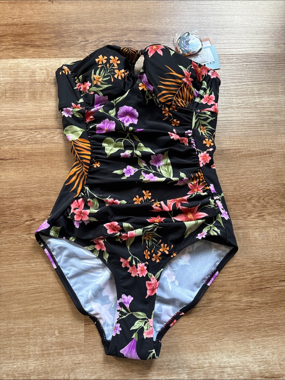 Floral One-Piece Swimsuit - Black with Multicolor Flowers - Picture 1 of 3